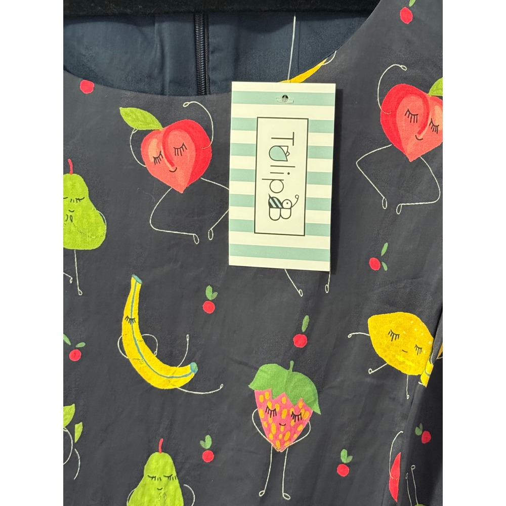 Tulip B Dancing Fruit Print Dress Womens Medium Navy Blue Novelty Fit Flare NWT - Picture 7 of 10